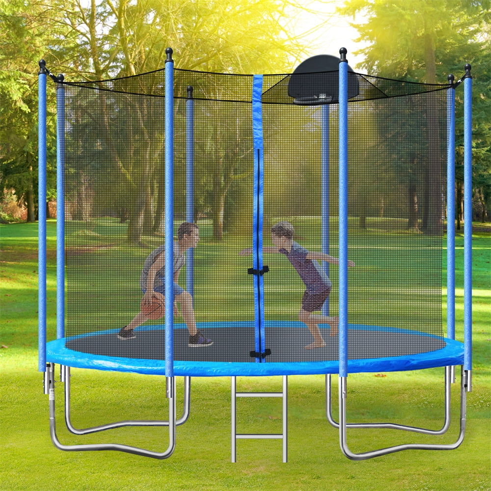10FT Trampoline with Safety Enclosure Net and Board, Recreational Trampoline with Basketball Hoop and Non-slip Ladder, Combo Bounce Outdoor Trampoline for Kids Adults, Blue