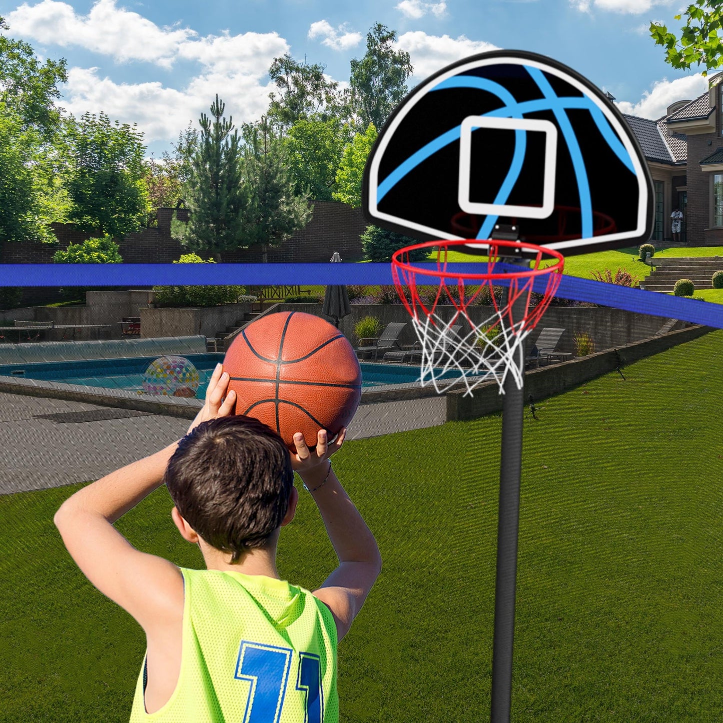 ACWARM HOME 10FT Outdoor Trampolines with Safety Enclosure and Basketball Hoop, Blue Trampoline with Net for Kids
