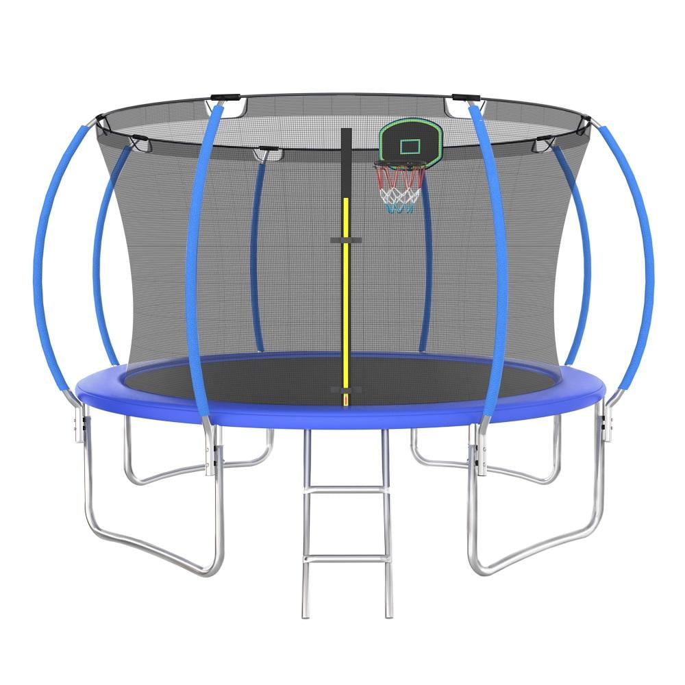12FT Trampoline with Basketball Hoop for Kids and Adults, SEGMART Upgrade Outdoor Trampoline with Safety Enclosure Net, Heavy Duty Backyard Trampoline with Ladder for Lawn Garden Yard, Bule