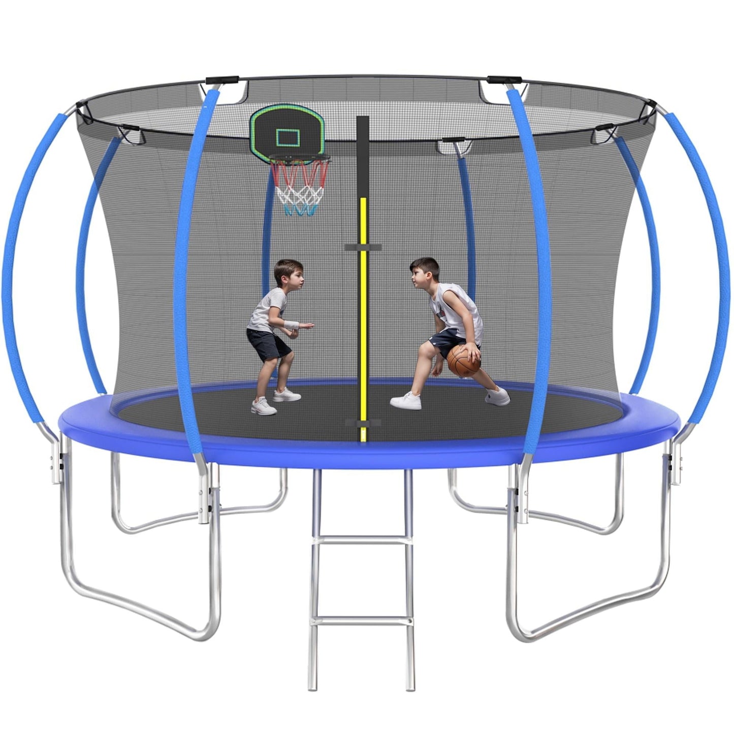 12FT Trampoline with Basketball Hoop for Kids Adults, SEGMART Upgrade Outdoor Trampoline with Safety Enclosure Net, Heavy Duty Backyard Round Trampoline with Ladder for Lawn Garden Yard, Bule