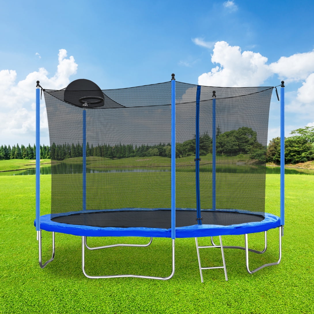 12FT Trampoline with Basketball Hoop,Outdoor Trampolines with Ladder and Safety Enclosure Net,Recreational Trampolines for Kids and Adults,Capacity 130 lbs,Blue
