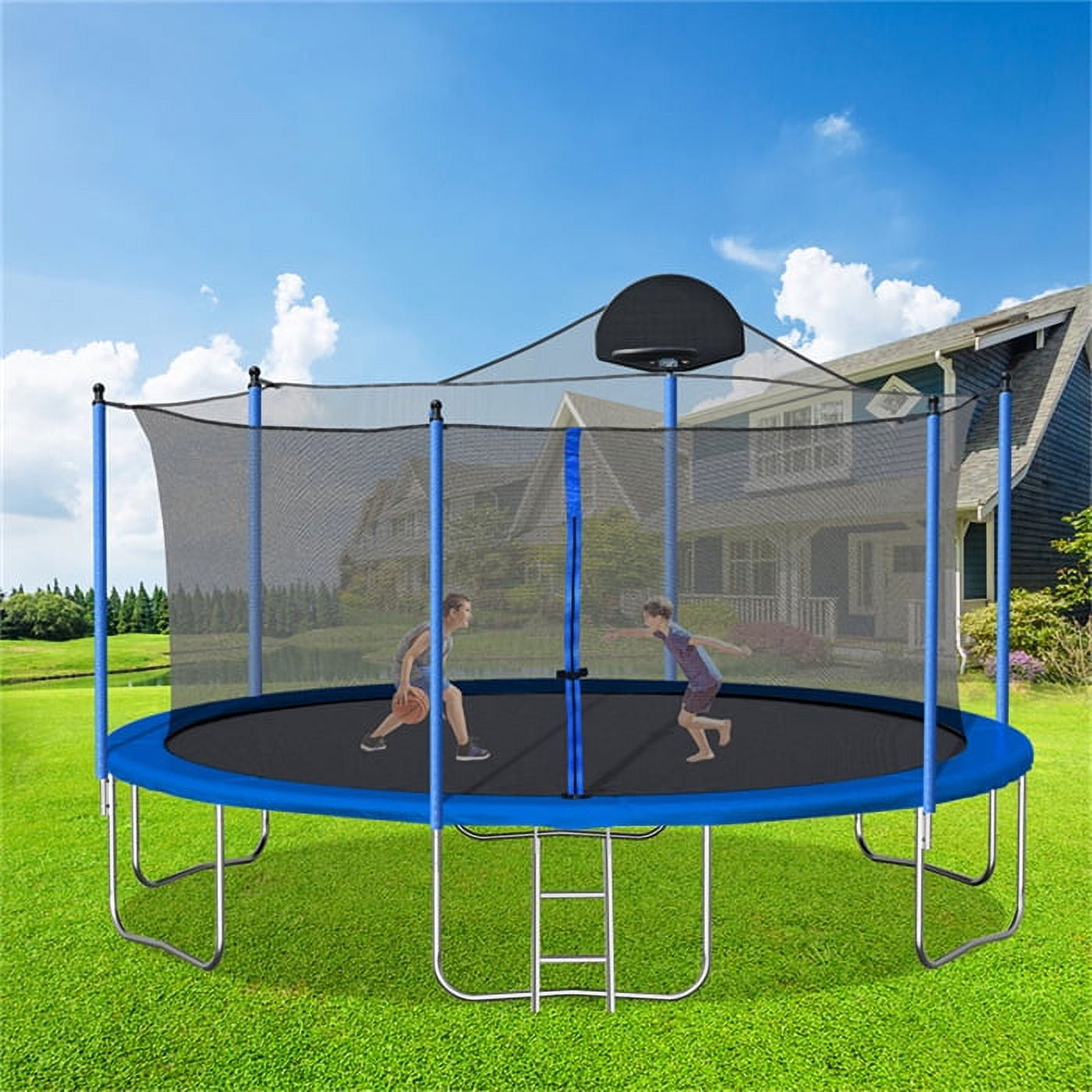 14 FT Trampoline for Kids Adults, Round Trampoline with Safety Enclosure Net, Basketball Hoop and Ladder, Recreational Trampoline for Family Outdoor Activities, Blue