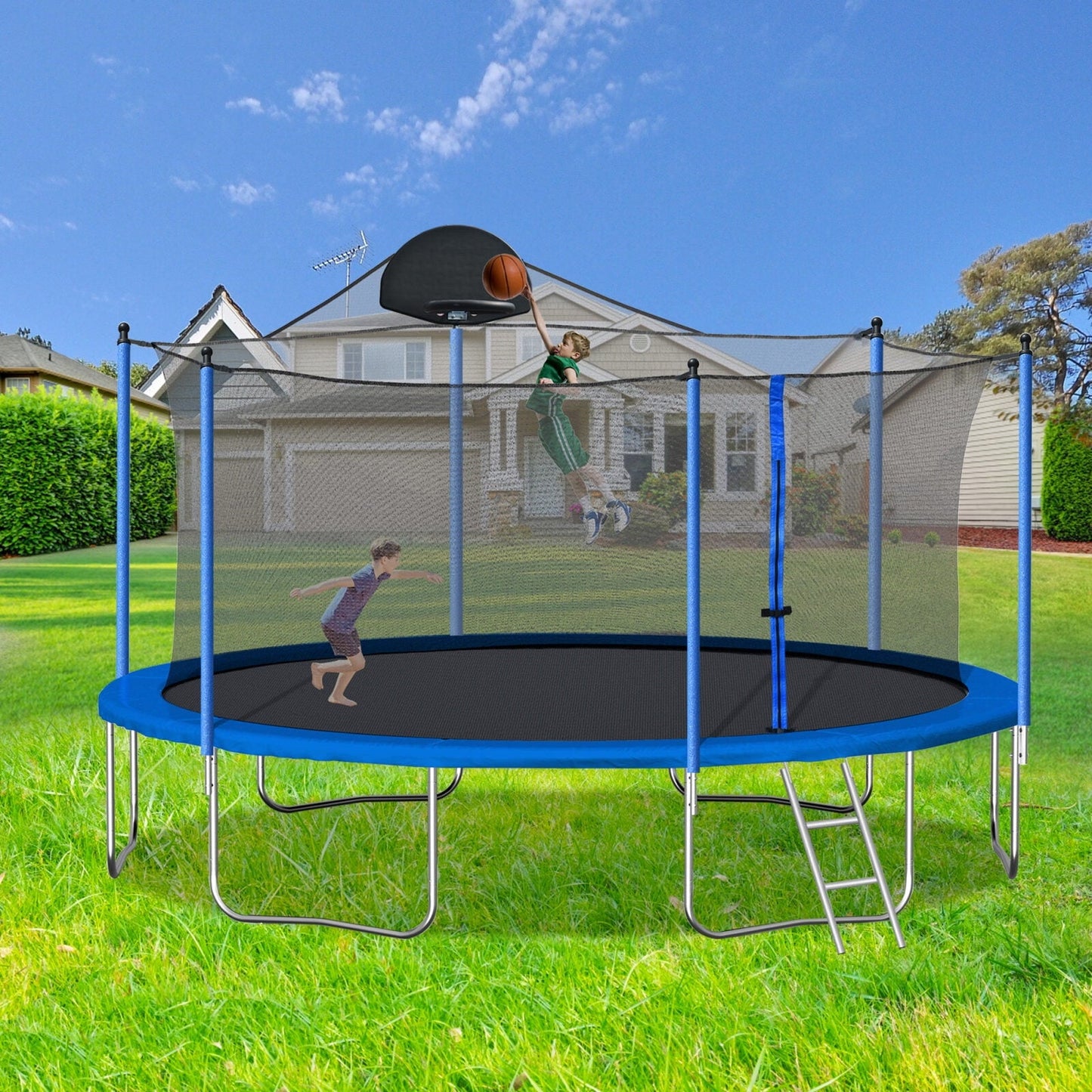 14FT Trampoline for Adults & Kids with Basketball Hoop, Outdoor Trampolines with Ladder and Safety Enclosure Net, 240 LBS Capacity, Powerful Bouncing with Waterproof,Double-side Color cover