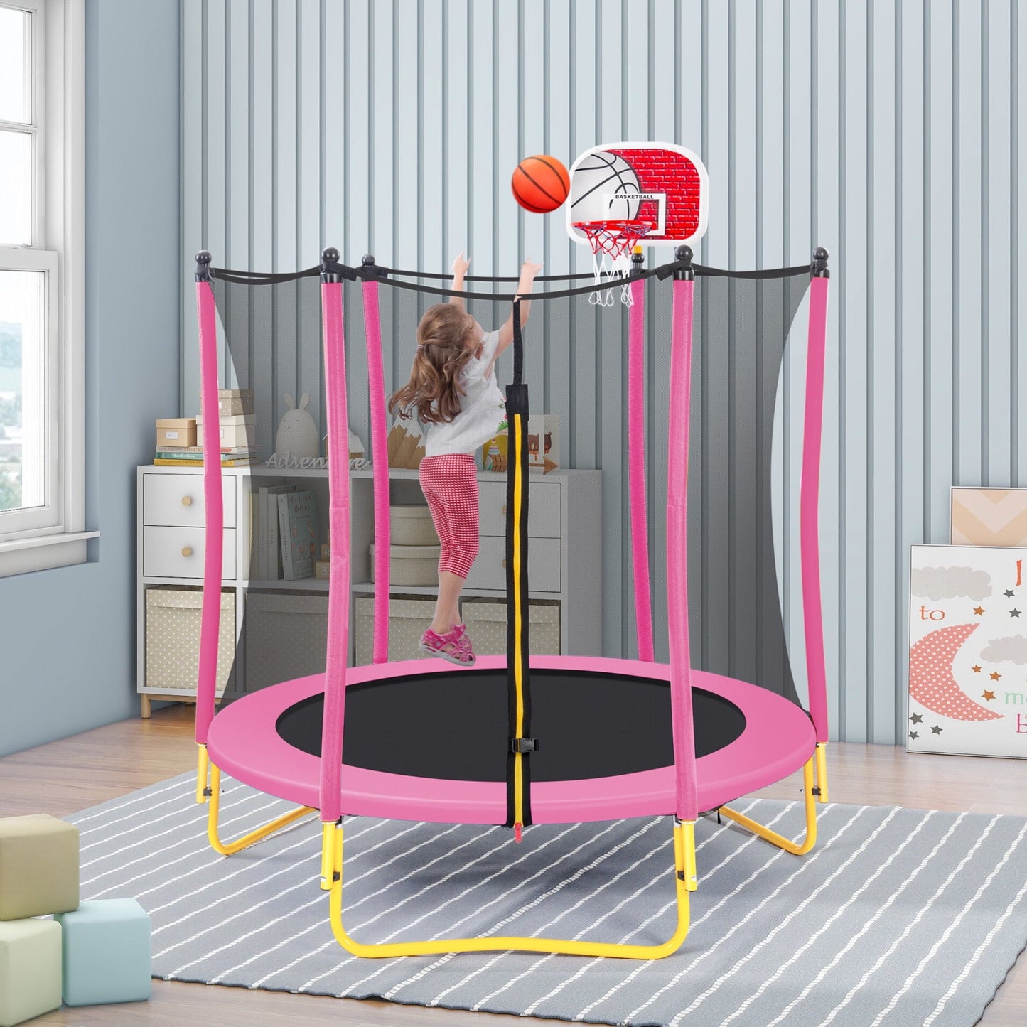 5.5FT Trampoline with Enclosure for Kids, 65-Inch Mini Toddler Trampoline with Basketball Hoop and Ball, Rebounder Trampoline with 3 U-shaped Legs for Outdoor, Indoor, Pink