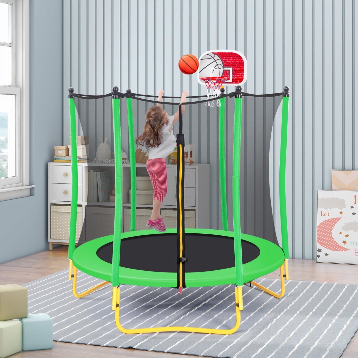 5.5FT Trampoline for Kids, 65' Outdoor & Indoor Mini Toddler Trampoline with Enclosure, Reversible Basketball Hoop and Ball, Recreational Trampoline for Boys Girls, Grass Green