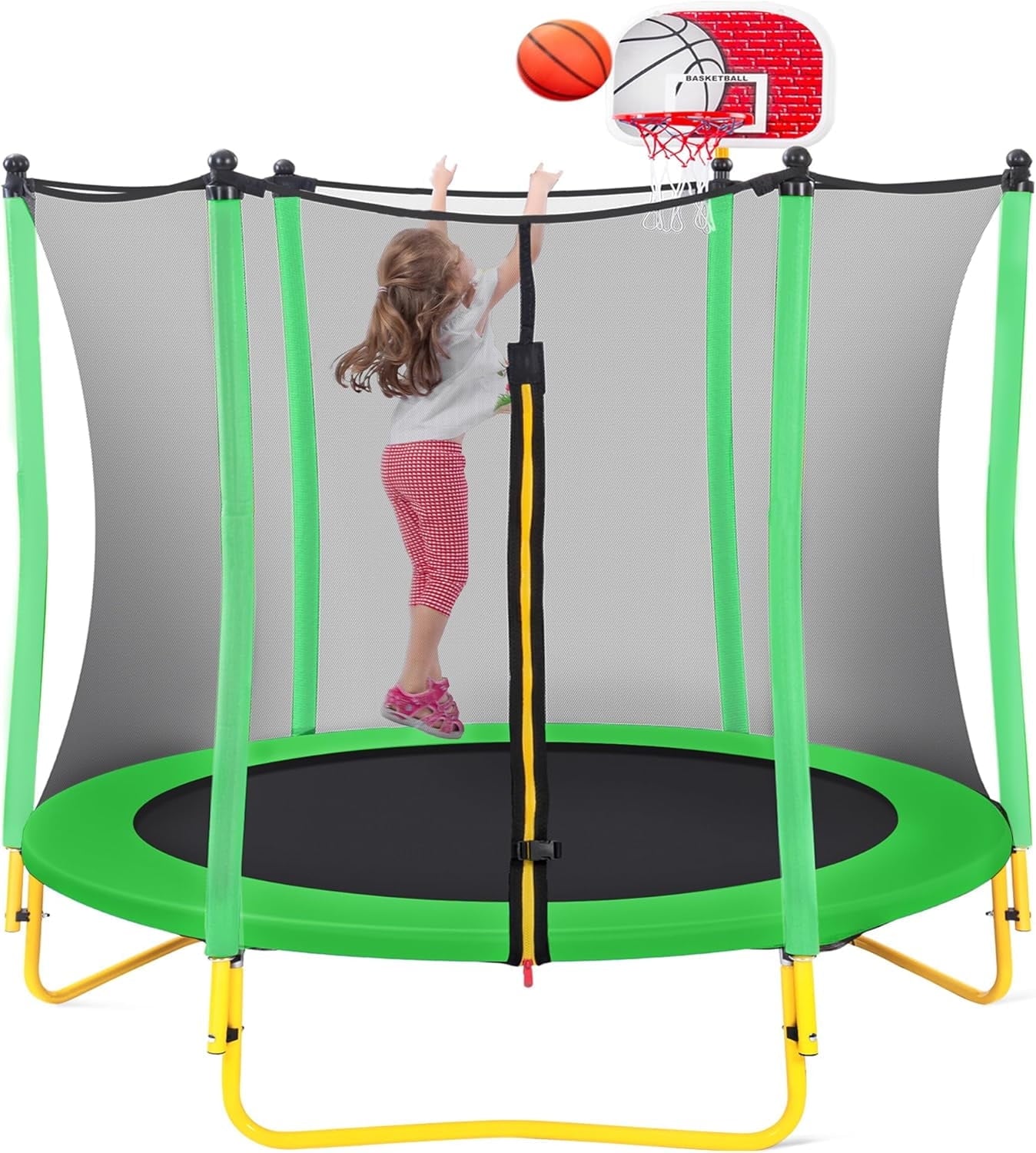 5.5FT Trampoline for Kids, 66'' Trampoline with Basketball Hoop, Rubber Ball and Safety Enclosure Net, Mini Toddler Trampoline for Indoor Outdoor Birthday Gifts for Kids Age 1-8, Green