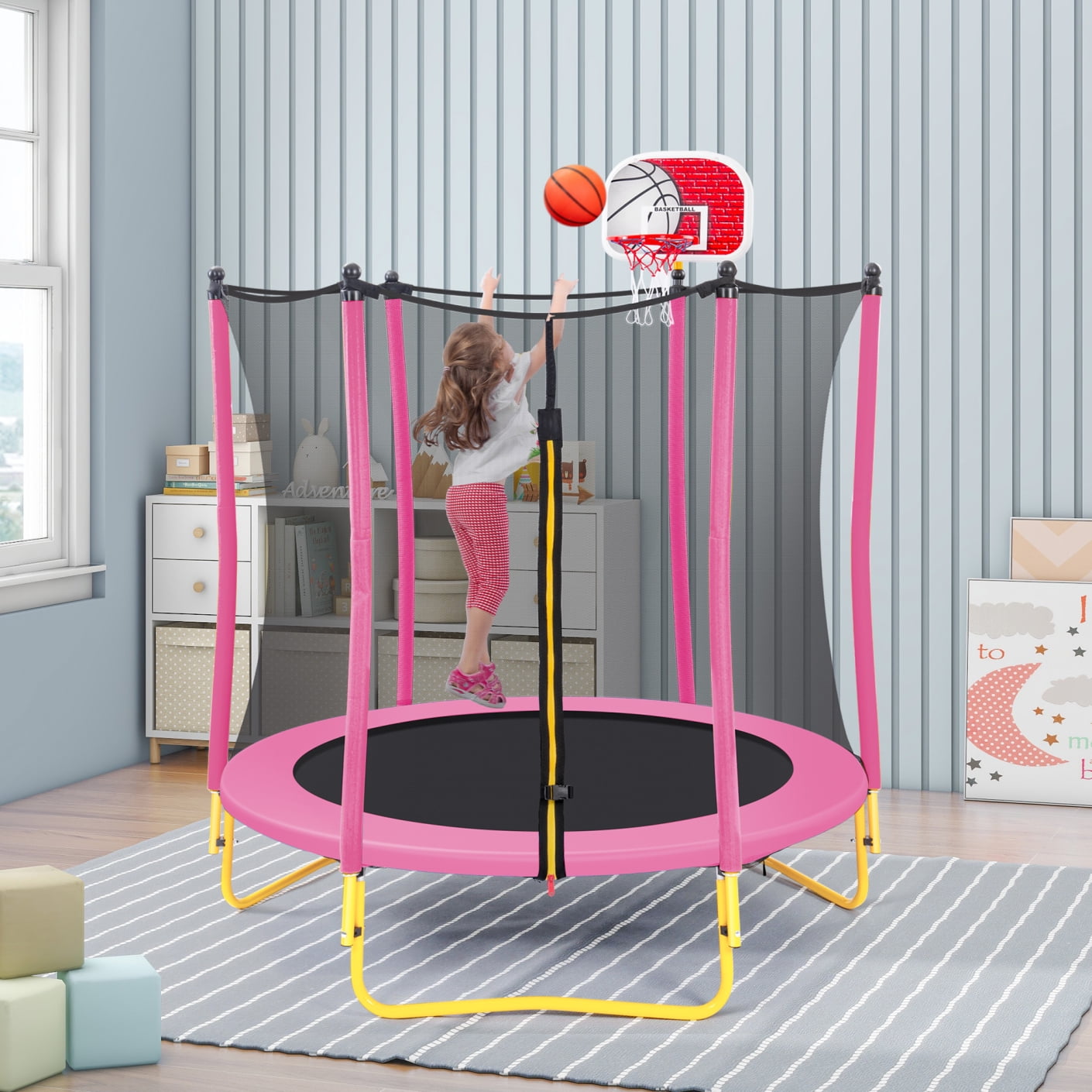 5.5FT Trampoline with Basketball Hoop and Ball, 65' Toddler Trampoline, Toddler Trampoline with Safety Enclosure Net for Outdoor & Indoor, Pink