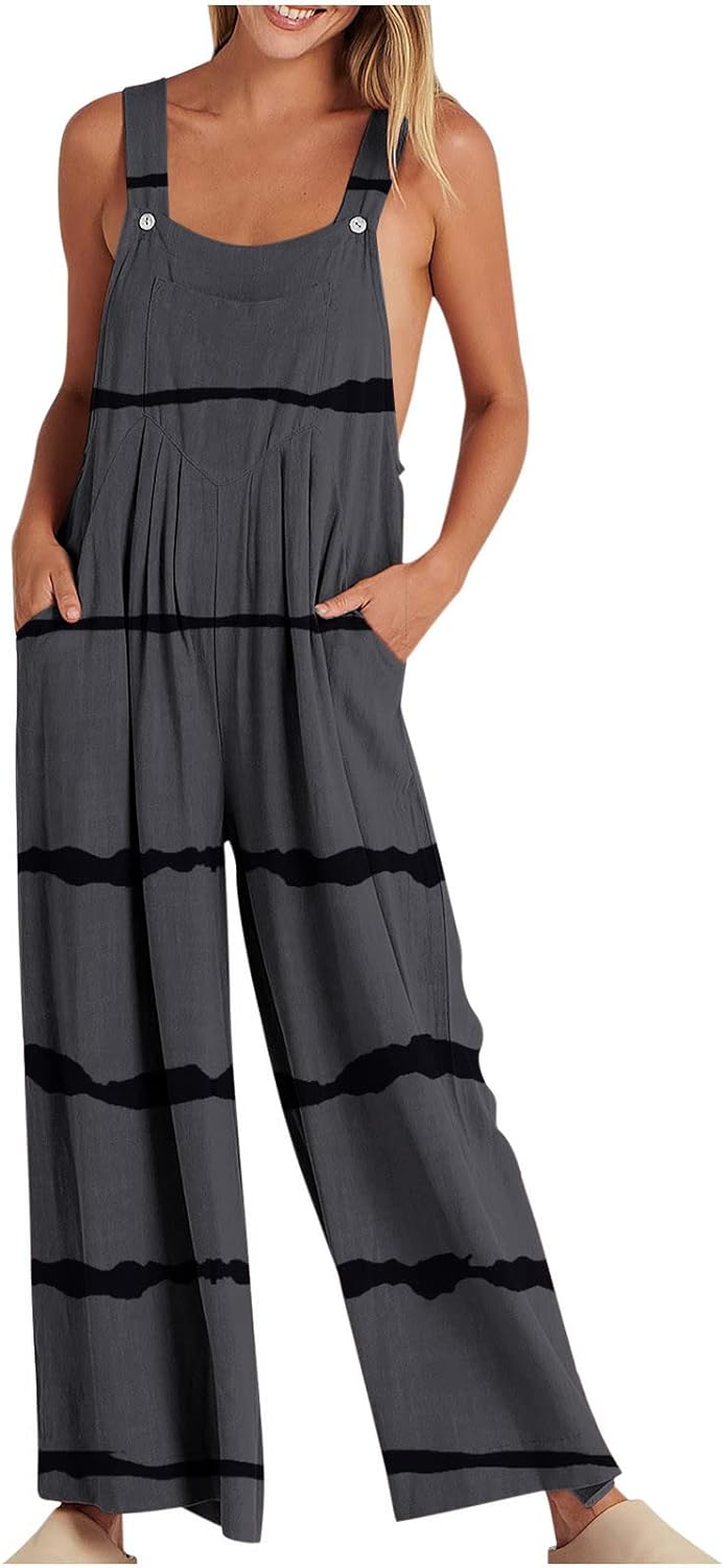 BADHUB Women's Casual Bib Overalls Jumpsuits Summer Casual Sleeveless Striped Print Wide Leg Long Pants Romper with Pockets
