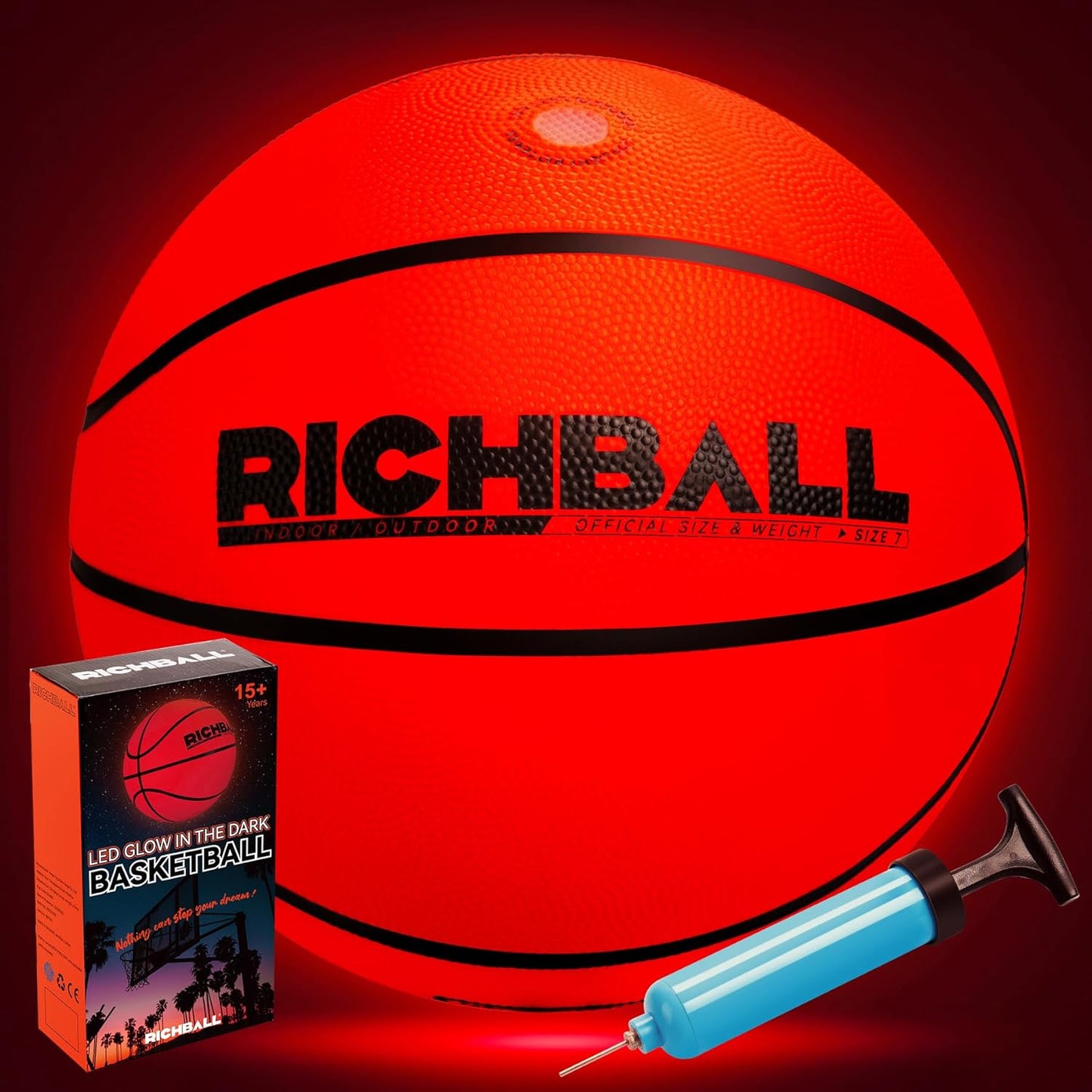 LED Light Up Basketball, Glow in The Dark Basketball for Adult, Night Basket Ball Game, Indoor Outdoor Size 7 Impact Glowing Ball with Pump
