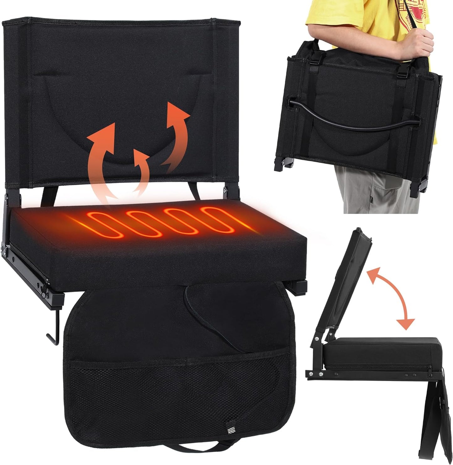 Heated Stadium Seat with Cushion and Backrest, Portable Bleacher Chair with Shoulder Strap, Folds to Compact Size, Extra Wide, 1pc Black