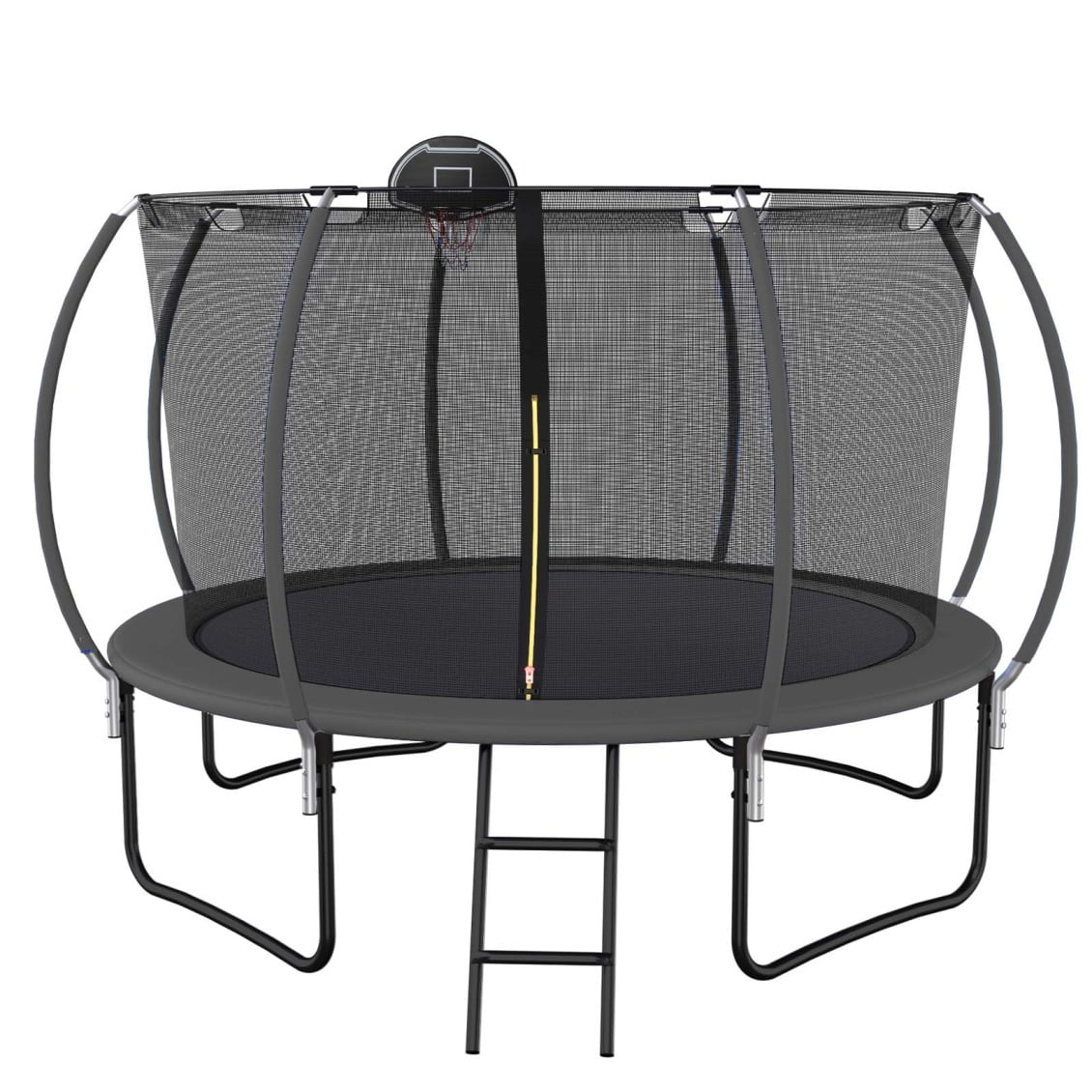 12FT Trampoline with Basketball Hoop, Pumpkin Shape Trampoline with Safety Enclosure Net and Ladder, Outdoor Recreational Trampoline for Kids and Adult, Black+Silver