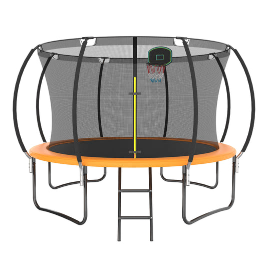 12FT Trampoline for Kids and Adults with Safe Enclosure Net, SEGMART Round Recreational Trampoline with Basketball Hoop, Upgrade Outdoor Trampoline with Ladder for Backyard Park, Orange