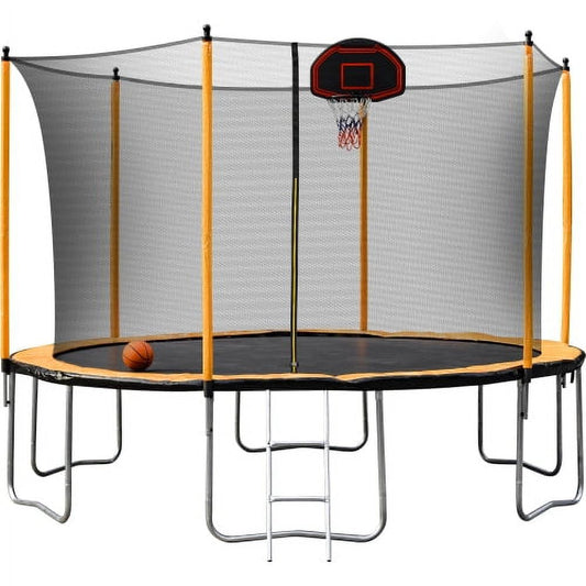 12FT Trampoline Kids with Enclosure Net for Kids Toddler Built-in Zipper Trampoline with Basketball Hoop and Ladder, Easy Assembly Round Outdoor Recreational Trampoline Orange