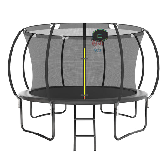 12ft Trampoline with Safety Enclosure, SEGMART Upgrade Outdoor Trampoline with Basketball Hoop, Heavy Duty Back Yard Trampoline with Ladder for Kids and Adults, Black