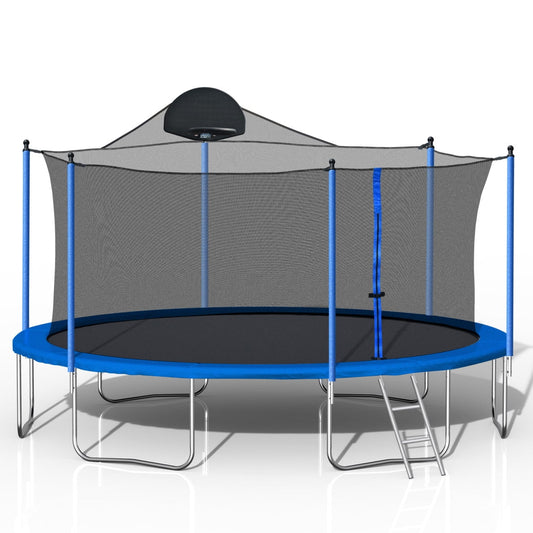 14 FT Trampoline Outdoor with Basketball Hoop, Backyard Trampoline with Enclosure Net, Heavy Duty Large Trampoline for Kids and Adults, Double-side Color cover