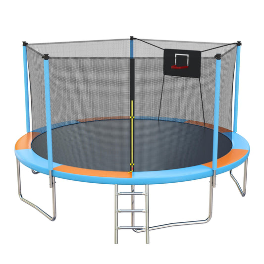 14ft Trampoline for Adults and Kids, SEGMART Upgraded Round Kids Outdoor Trampoline with Enclosure and Basketball Hoop, Heavy-Duty Backyard Trampoline for Indoor Outdoor, Blue
