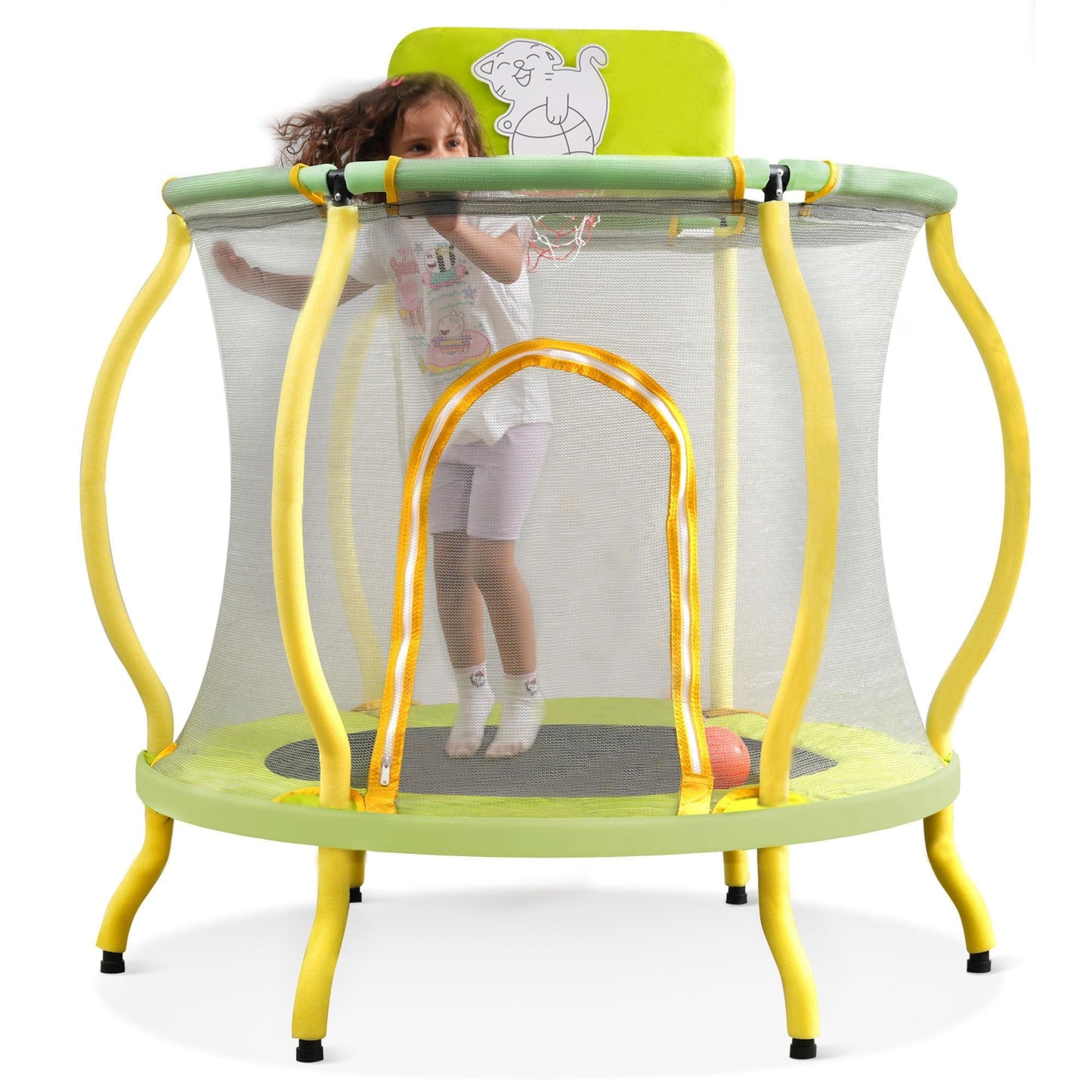 48' Kids Trampoline, Toddler Trampoline with Safety Enclosure, Mini Trampoline with Basketball Frame and No Gap Design, Indoor/Outdoor Gift for 1-8 Year Olds