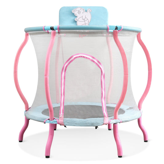 4FT Trampoline for Kids,Mini Toddler Trampoline with Enclosure & Basketball Hoop & Ball,Arc Designed and Full Surrounded for Extra Protection,Baby Blue