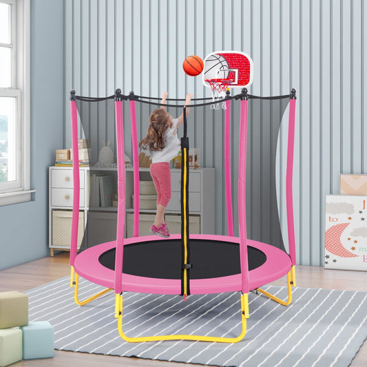 5.5 FT Children's Trampoline for Kids, Heavy Duty Small Mini Toddler Trampoline with Enclosure, Basketball Hoop and Ball Included for Boys & Girls, Pink