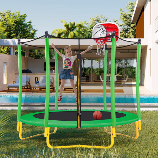 5.5FT Mini Round Trampoline for Kids, Indoor Outdoor Trampoline with Enclosure Net, Basketball Hoop and Ball, Toddler Small Trampoline Gifts for Boy and Girls, 220 lbs Weight Capacity, Green