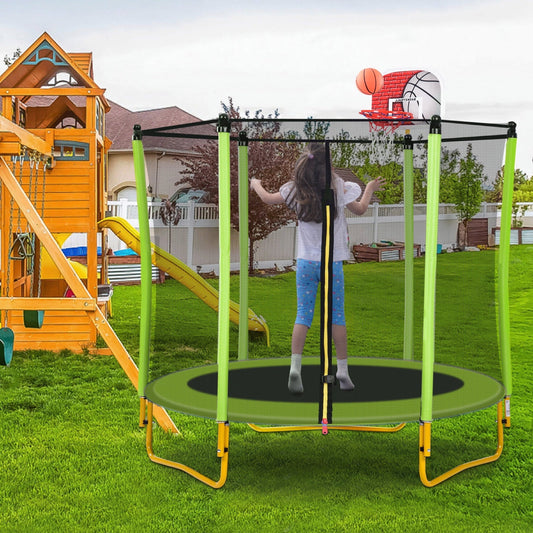 5.5FT Trampoline for Kids,65' Mini Toddler Trampoline with Basketball Hoop, Rubber Ball, and Safety Enclosure Net,Outdoor/Indoor Trampoline for Birthday Gifts for Kids Ages 1-8 (Green)