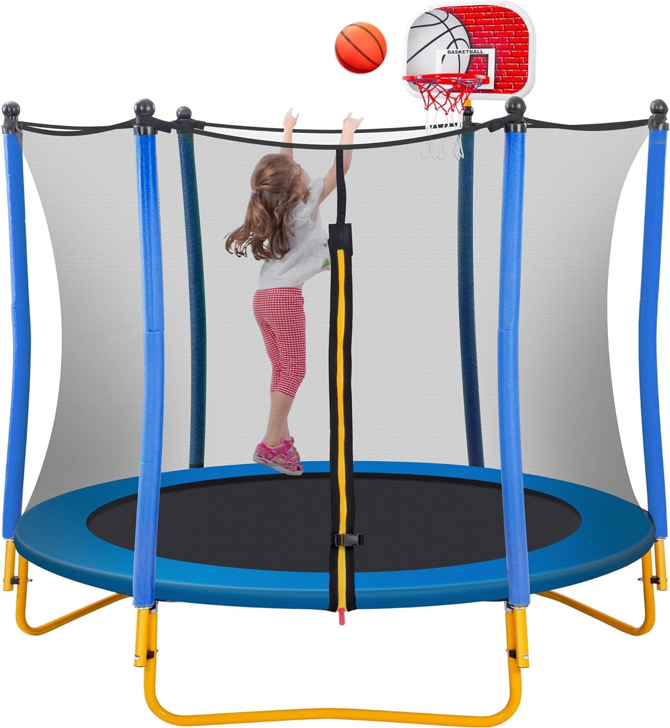 5.5FT Trampoline for Kids, 66'' Trampoline with Basketball Hoop, Rubber Ball and Safety Enclosure Net, Mini Toddler Trampoline for Indoor Outdoor Birthday Gifts for Kids Age 1-8, Blue