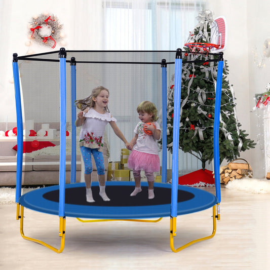 5.5FT Trampoline for Kids, Outdoor & Indoor Mini Toddler Trampoline with Basketball Hoop and Ball, Load to 220 LBS Kids Trampoline for Livingroom Courtyard Backyard Park, Blue