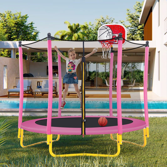 5.5FT Trampoline for Kids, Weight Capacity 220lbs, 65' Outdoor & Indoor Mini Toddler Trampoline with Safety Enclosure Net, Basketball Hoop and Ball, Easy Assembly, Pink