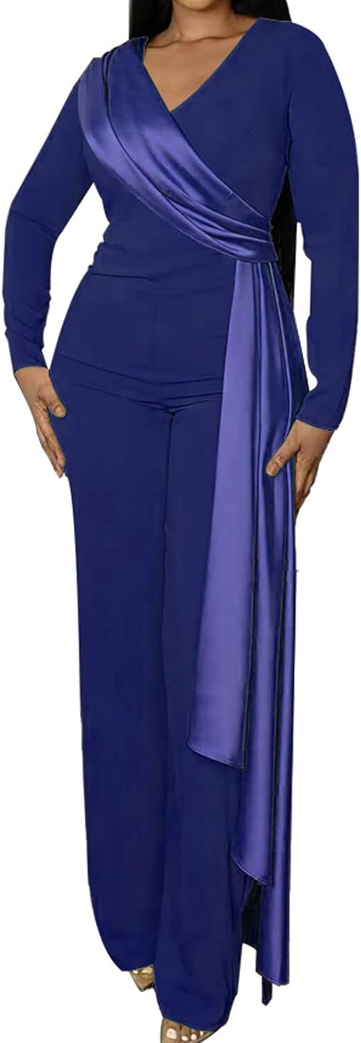 BADHUB Long Sleeve Peplum Jumpsuit for Petite Women Elegant Slim Wrap V Neck Patchwork Long Romper Work Zip Bodycon Jumpsuits