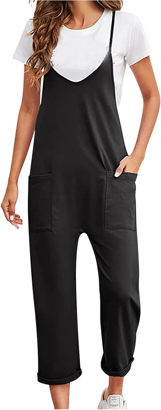 BADHUB Women Casual Jumpsuits Summer Basic Sleeveless Harem Overalls Stretchy Adjustable Spaghetti Straps Romper Pockets