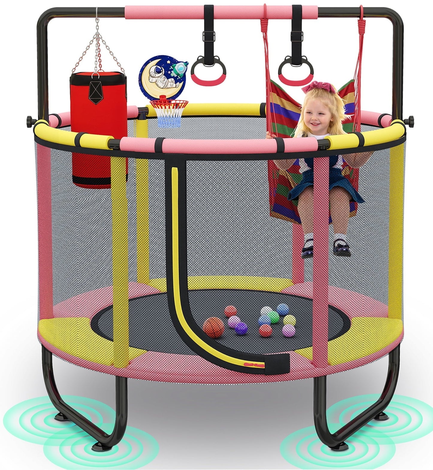 55'' Mini Trampoline for Kids, Small Toddler Trampoline with Enclosure, Indoor Outdoor Trampoline with Basketball Hoop, Adjustable Bar and Rings, Swing and Boxing Bag