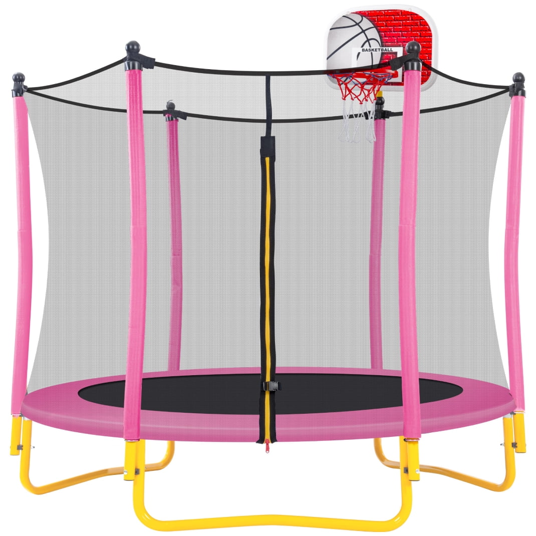 5.5FT Trampoline for Kids, 65' Outdoor & Indoor Mini Toddler Trampoline with Safety Enclosure, Strong Elastic Trampoline with Basketball Hoop and Ball,220Ibs Capacity