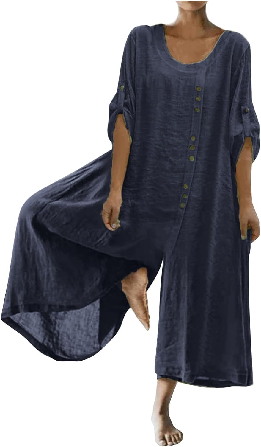 Women's Casual Loose Jumpsuits Cotton Linen Roll-Up Half Sleeve Zipper Back Baggy Wide Leg Long Rompers Button Detail