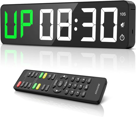 Gym Timer 15" Large LED Display Wall Clock | Interval Workout | Countdown & Up | Stopwatch | 12 Adjustable Volume | 3 Installation Ways | Digital Timer for Fitness Home Garage Gym and Outdoor Sport