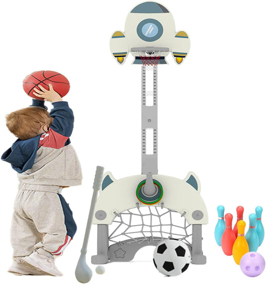 5 in 1 Adjustable Height Toddler Sports Activity Center, Indoor Outdoor Sports Toy Set with Basketball Soccer Golf Bowling Ring, Best Sports Gift for Kids Ages 1-3 3-5 5-8