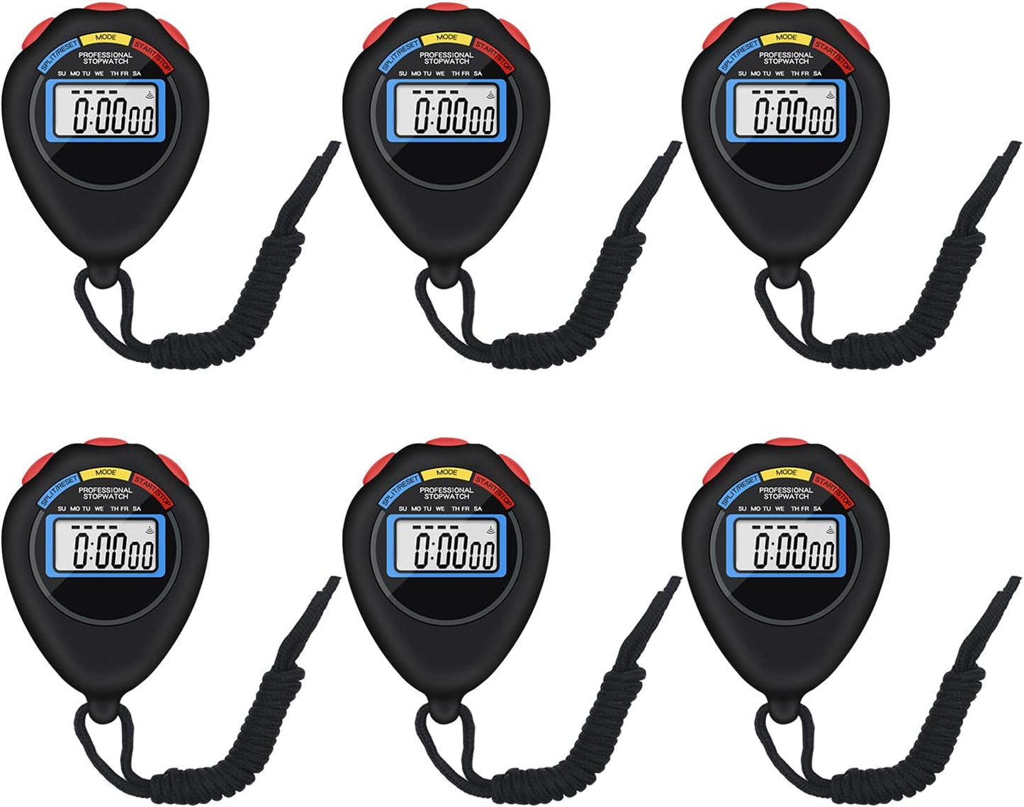 6 Pack Multi-Function Electronic Digital Sport Stopwatch Timer, Large Display with Date Time and Alarm Function,Suitable for Sports Coaches Fitness Coaches and Referees（Black）