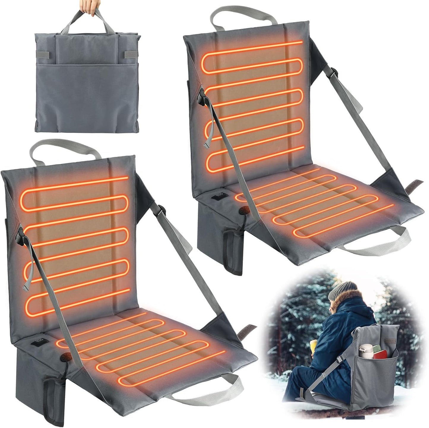 2 Pcs Stadium Portable Foldable Heated Seat Heated Seat Cushion 3 Mode Adjustable Heated Chair Pad with Pocket USB Powered for Outdoor Sports Camping Games (Power Bank Not Included)