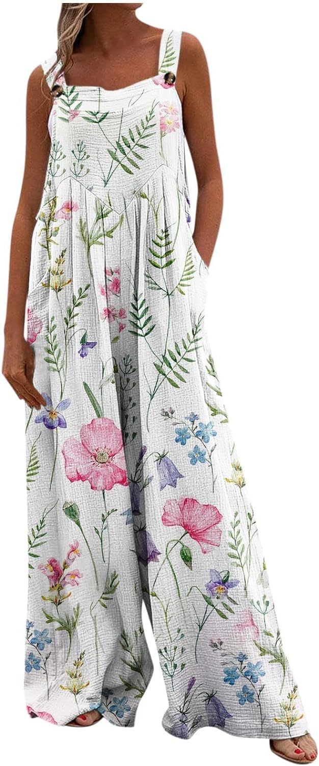 Sleeveless Jumpsuits for Women Casual Summer Floral Overalls Comfy Button Ruched Front Long Rompers with Pockets 2024