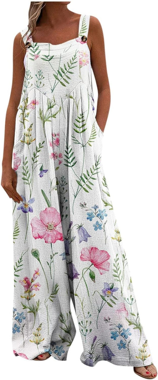 Sleeveless Jumpsuits for Women Casual Summer Floral Overalls Comfy Button Ruched Front Long Rompers with Pockets 2024