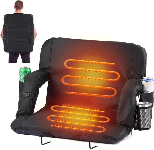 Heated Stadium Seats for Bleachers with Back Support, Folding Stadium Seat Bleacher Chair with 3 Level Heating, 6 Reclining Positions, 5 Pockets, for Outdoor Sports Events,1PC