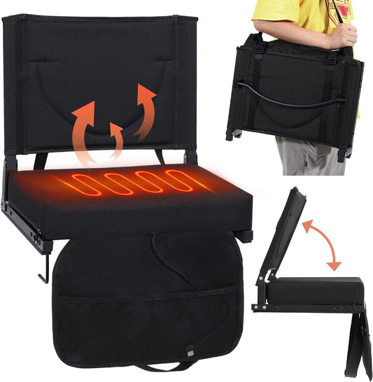 Heated Stadium Seat with Cushion and Backrest, Portable Bleacher Chair with Shoulder Strap, Folds to Compact Size, Extra Wide, 1pc Black