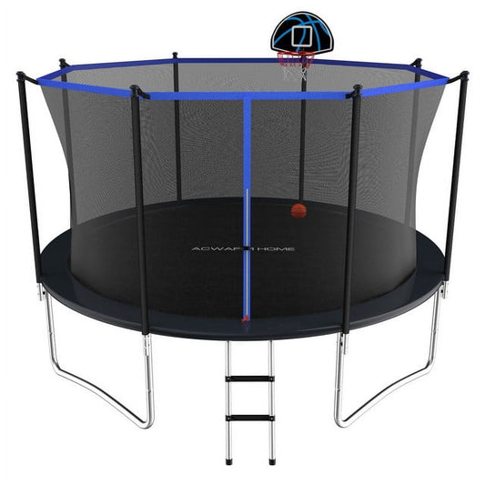 ACWARM HOME 10FT Outdoor Trampolines with Safety Enclosure and Basketball Hoop, Blue Trampoline with Net for Kids
