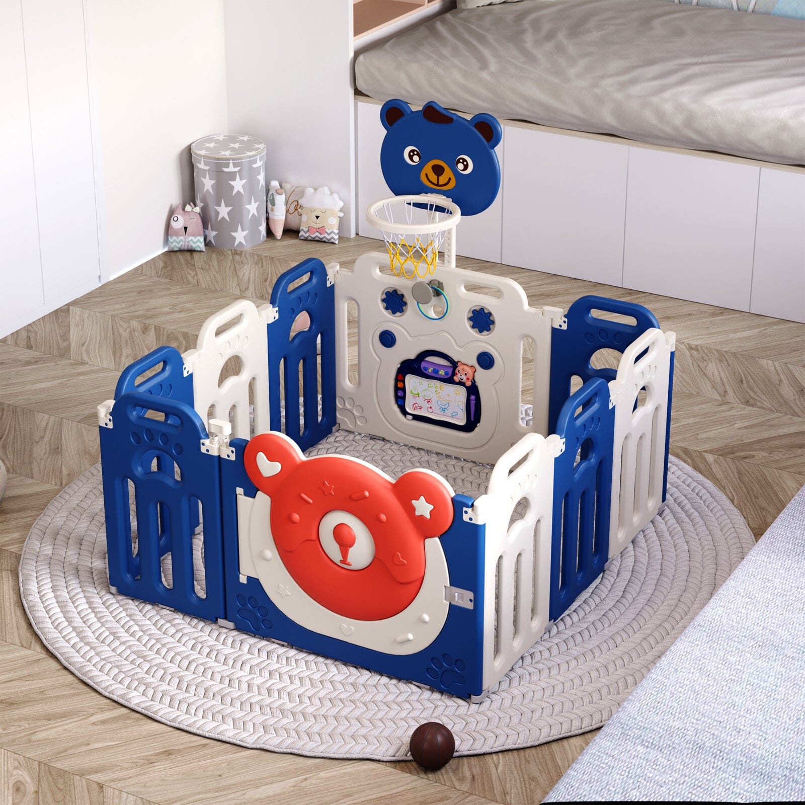 Baby Playpen Kids Safety Gate with Basketball Hoop Kids Basketball Hoops Living and Home 123cm W x 123cm D x 65cm H