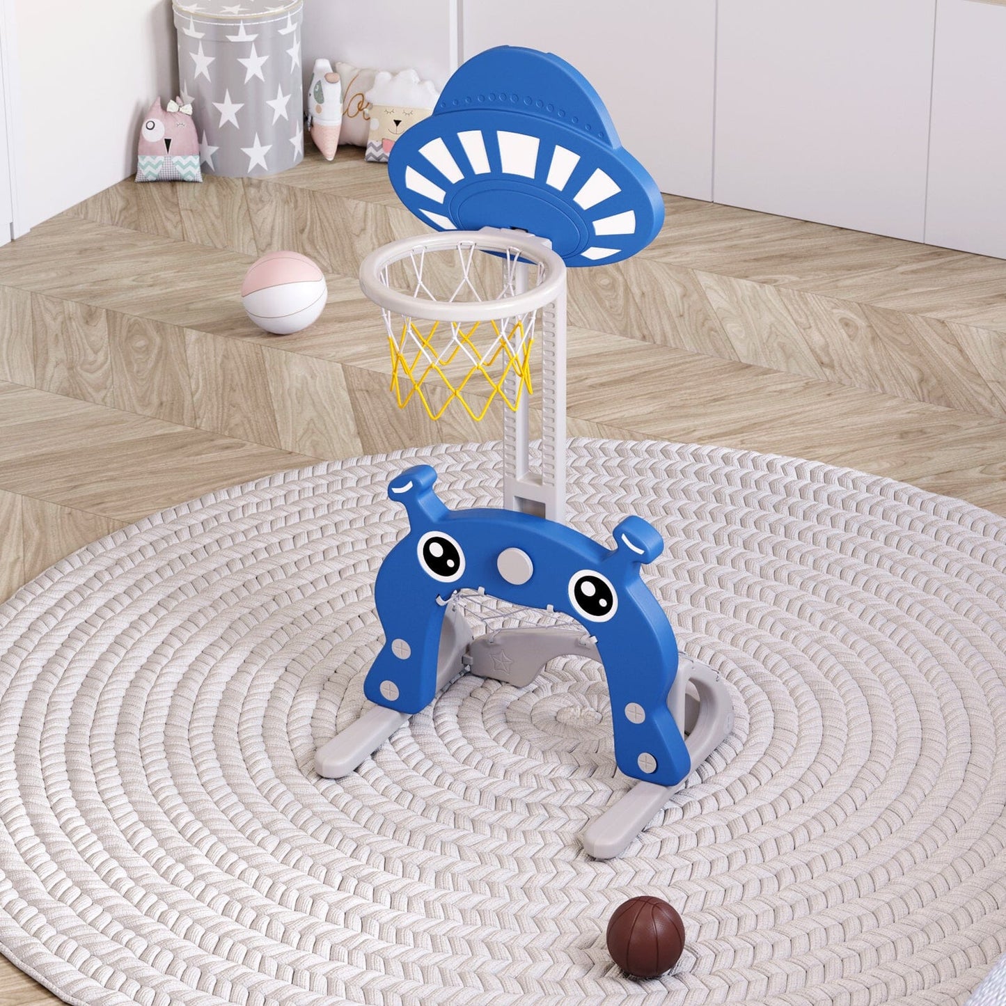 2-in-1 Adjustable Kids Basketball Hoop with Football Goal Kids Basketball Hoops Living and Home Blue