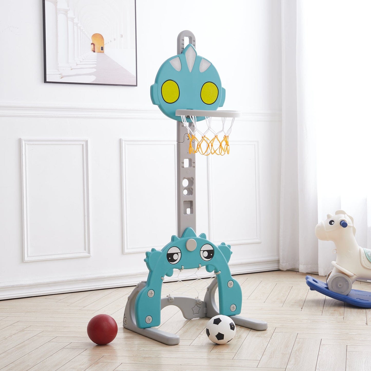 2-in-1 Adjustable Kids Basketball Hoop with Football Goal Kids Basketball Hoops Living and Home Green