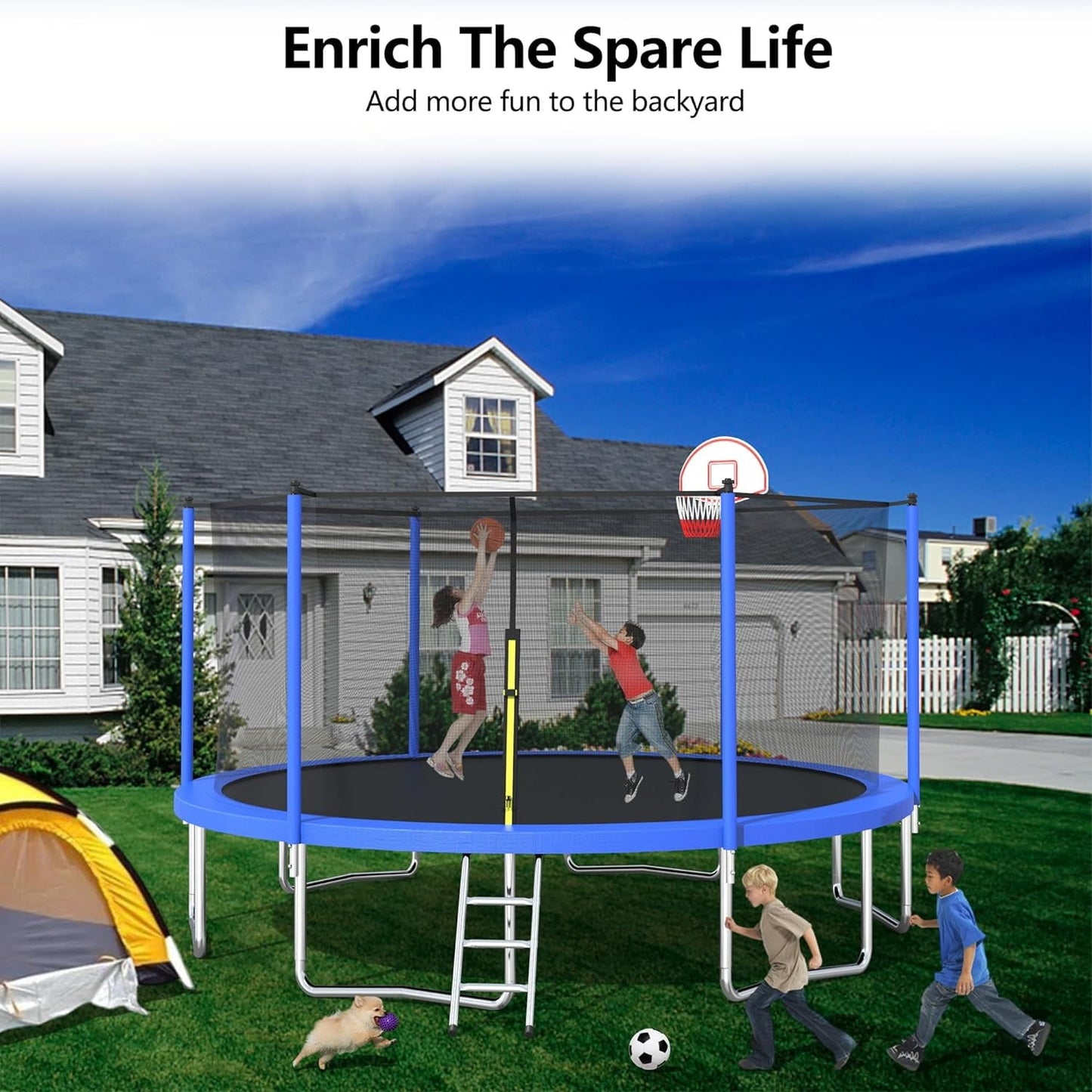 16FT Pumpkin Tranpoline for Adults Kids Tranpoline with Basketball Hoop, Outdoor Recreational Tranpolines, Fully Galvanized Anti-Rust Coating,Recreational Trampolines with Ladder